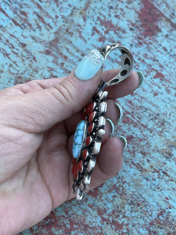 Navajo Sterling Kingman Web Turquoise & Red Coral Taos Ornate Pendant D. Clark