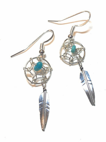 Navajo Sterling Silver  Turquoise Dream Catcher, Dangle Earrings