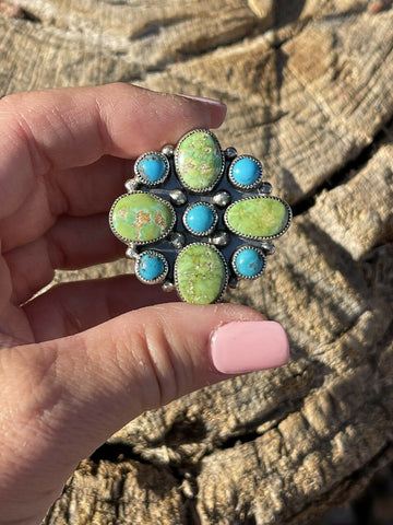 Navajo Sterling Sonoran Gold And Golden Hills Turquoise Cluster Ring Size 7