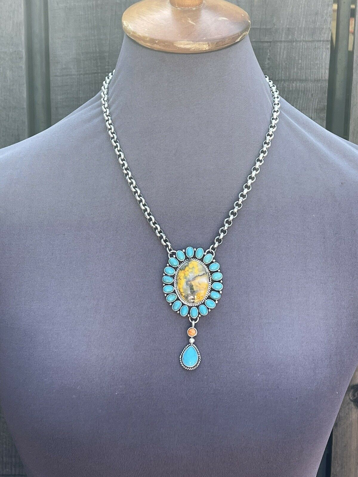 Navajo Bumblebee , Spiny & Turquoise Sterling Drop Cluster Necklace Signed