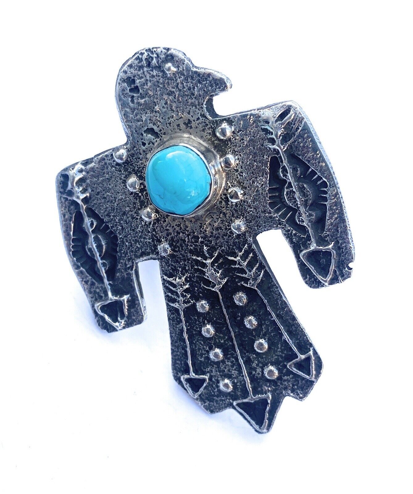Navajo Thunderbird Sterling Silver & Kingman Turquoise Adjustable Ring