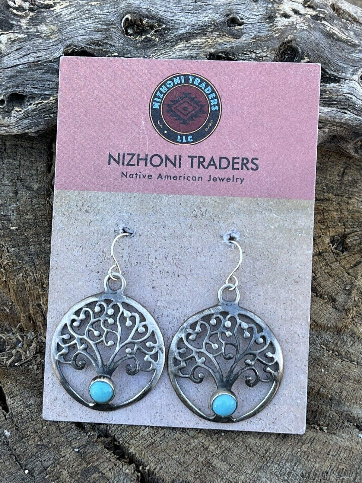 Navajo Sterling Silver Turquoise Tree Of Life Dangle Earrings