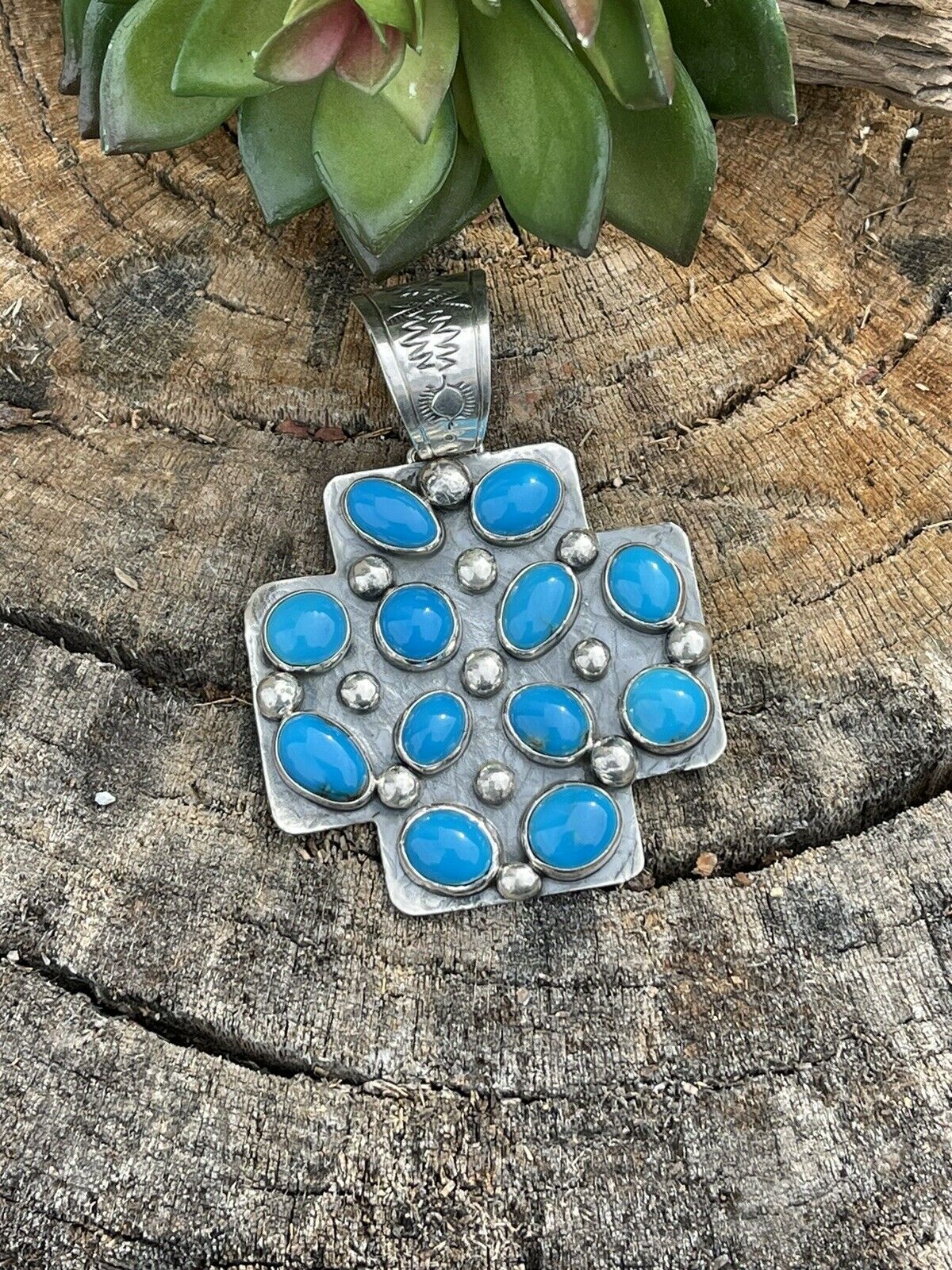 Navajo Mountain Blue Turquoise & Sterling Silver Southwest Cross Pendant Signed