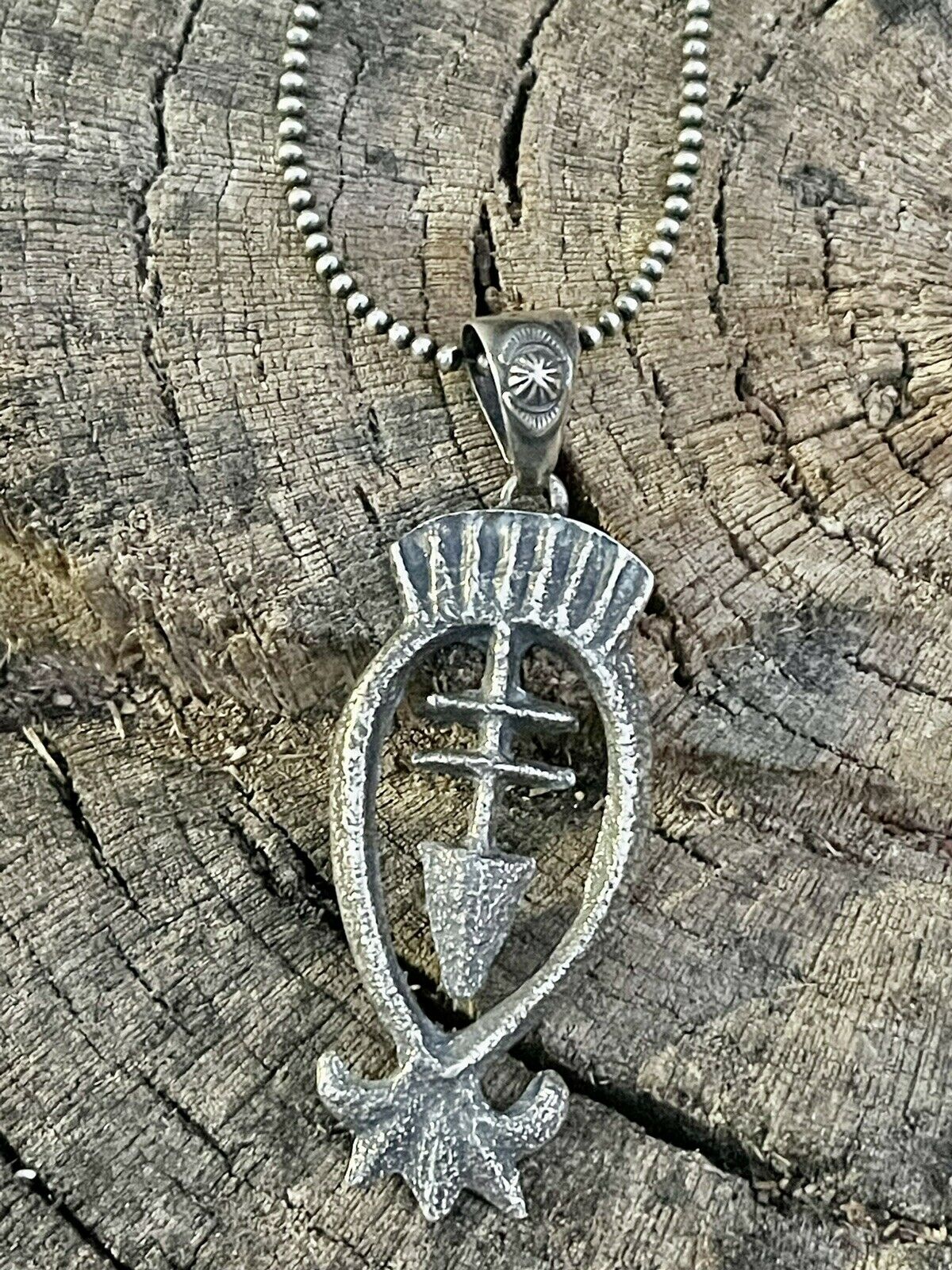 Navajo Sterling Silver Southwest Cross Arrow Tufa Cast Pendant