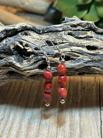 Navajo Sterling Silver 3 Stone Apple Coral Dangle Earrings