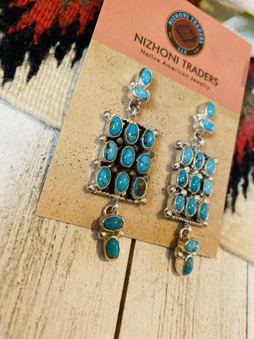 Navajo Turquoise & Sterling Silver Cluster Dangle Earrings Signed