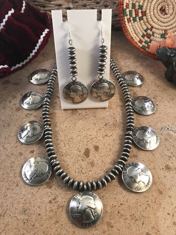 Vintage Navajo Sterling Silver Liberty Quarter Necklace  Earring Set