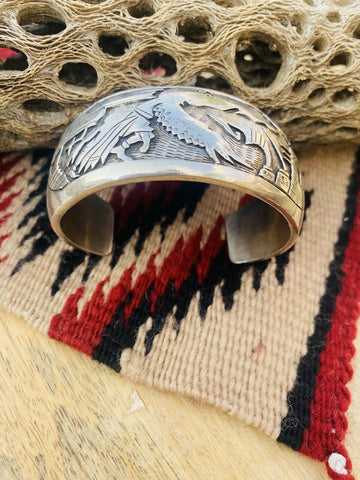 Vintage Navajo Sterling Silver Story Teller Cuff Bracelet