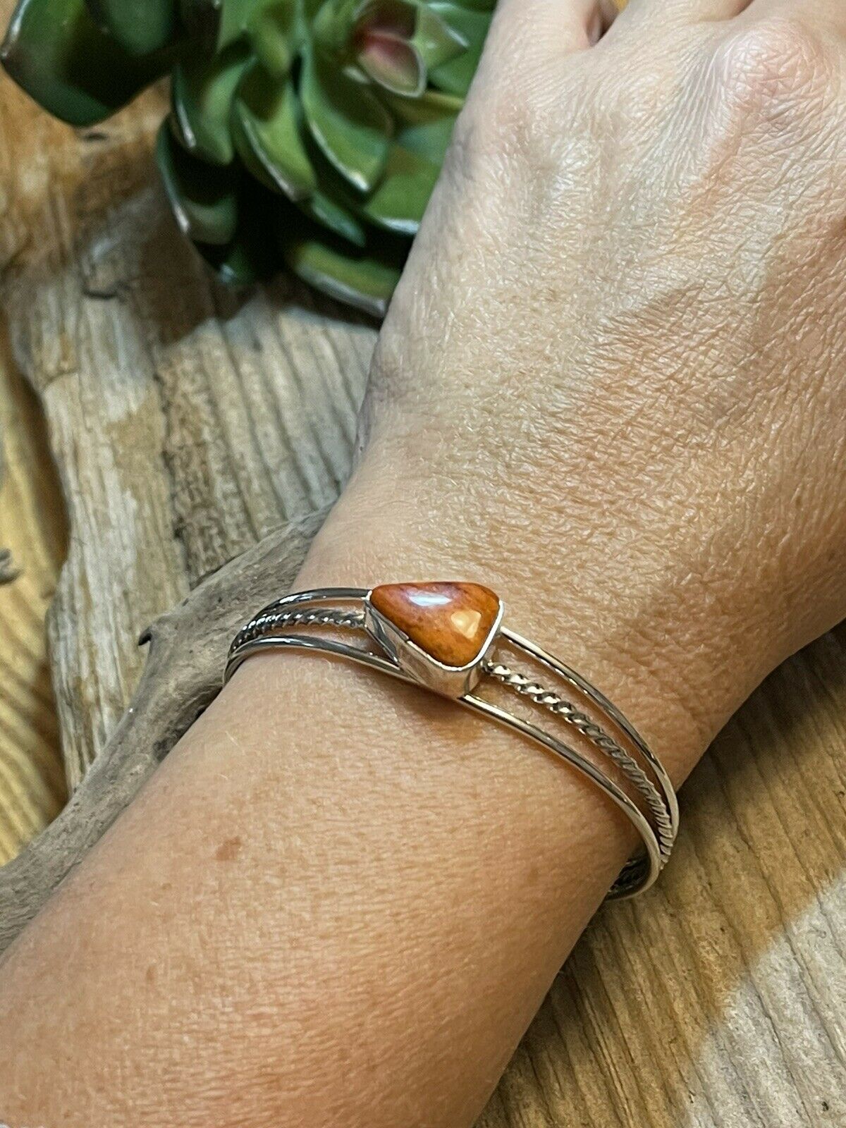 Navajo Triangle Orange Spiny Sterling Silver Bracelet Rope Style Cuff