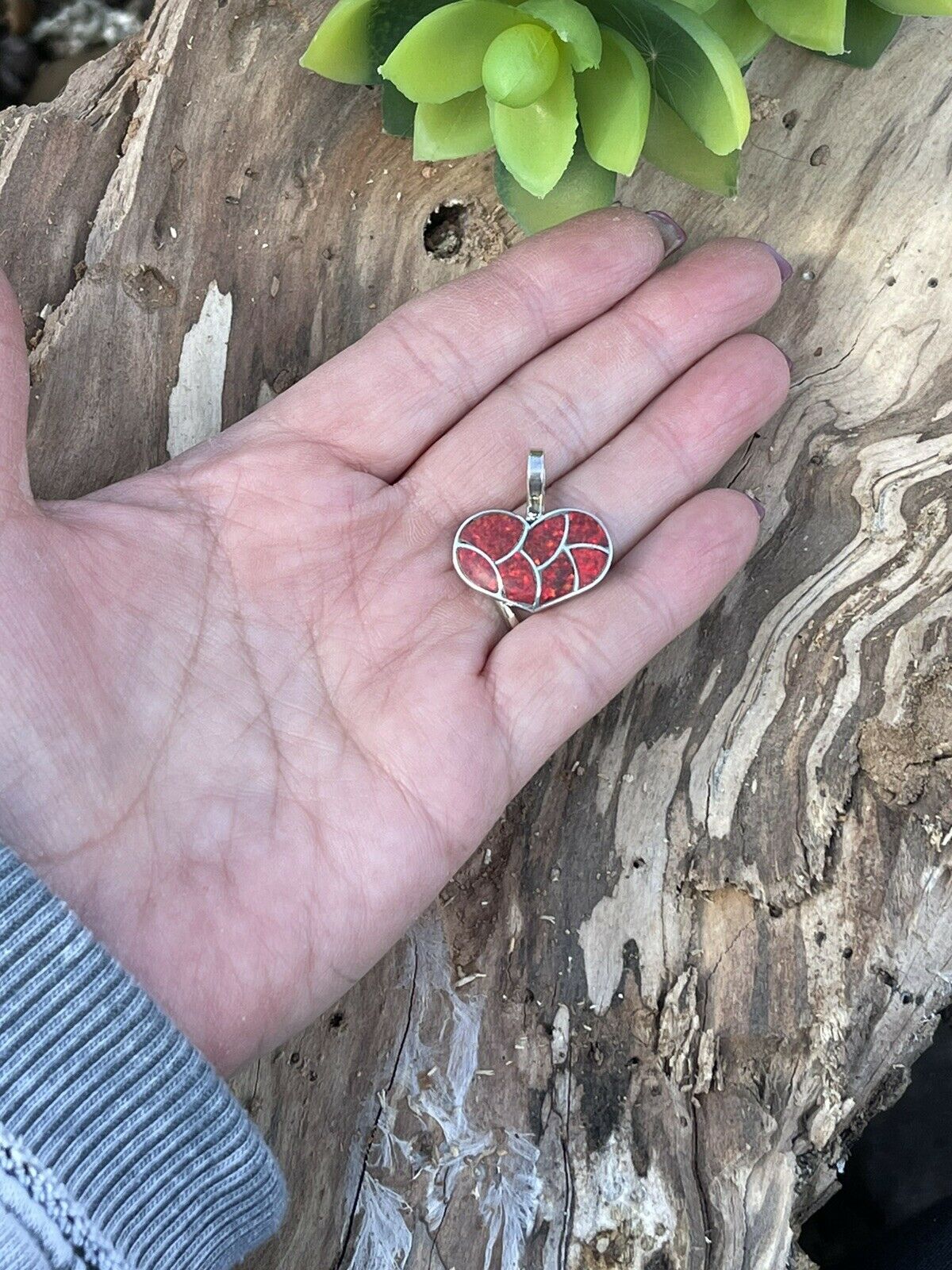 Zuni Iridescent Red Opal & Sterling Silver Heart Pendant