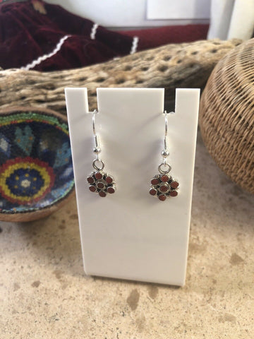 Zuni Petit Point Red Coral  Sterling Silver Dangle Earrings