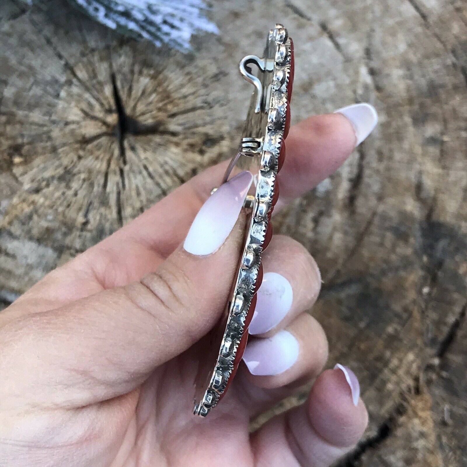 Navajo Jumbo Sterling Silver & Natural Red Coral Cluster Pendant/pin Signed