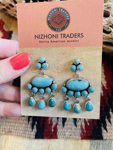 Navajo Turquoise & Sterling Silver Cluster Dangle Earrings Signed