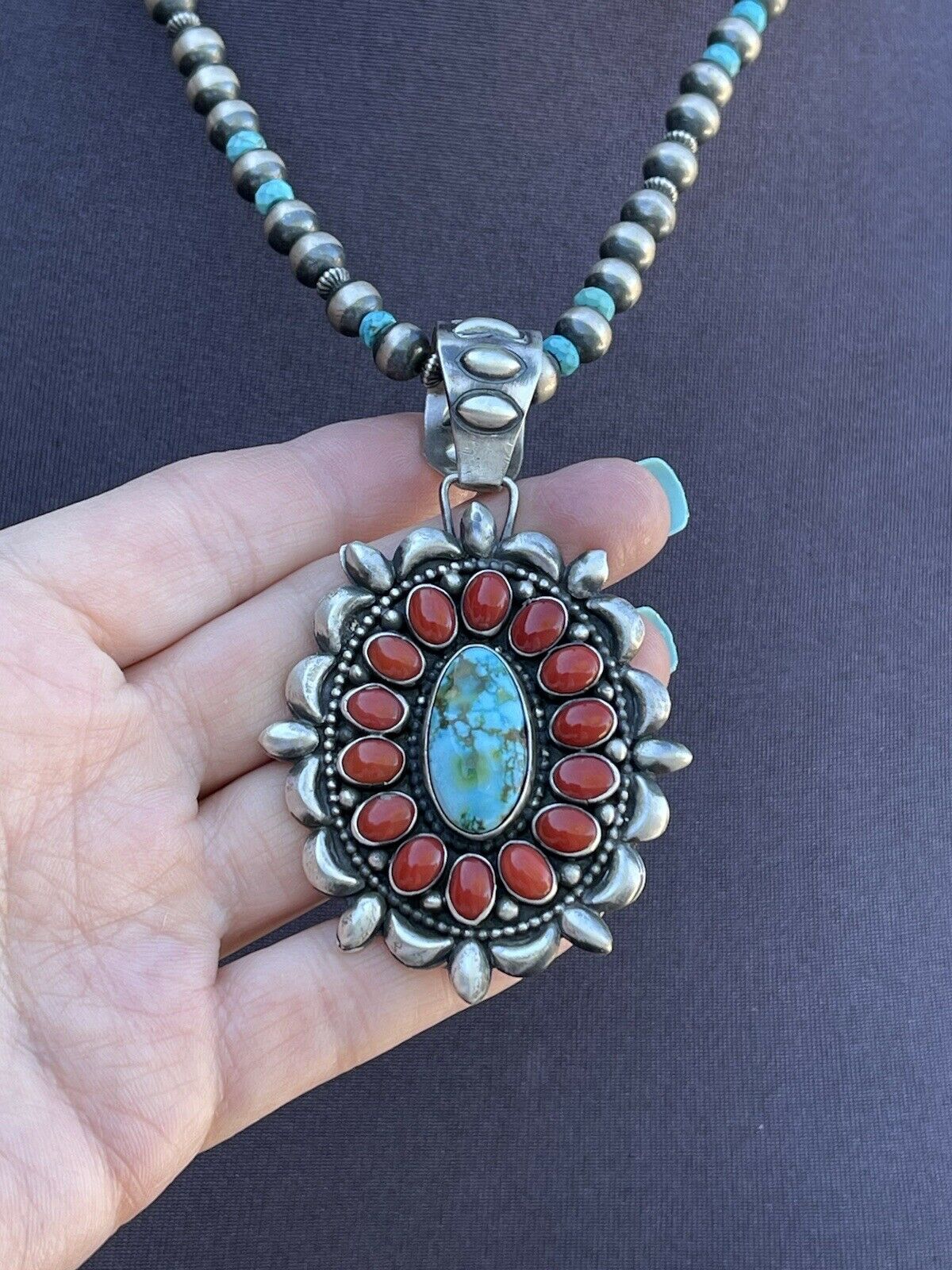 Navajo Sterling Kingman Web Turquoise & Red Coral Taos Ornate Pendant D. Clark