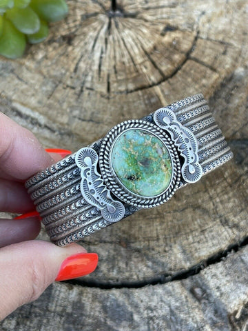 Navajo Sterling Silver & Sonoran Gold Turquoise Cuff Bracelet Signed & Stamped