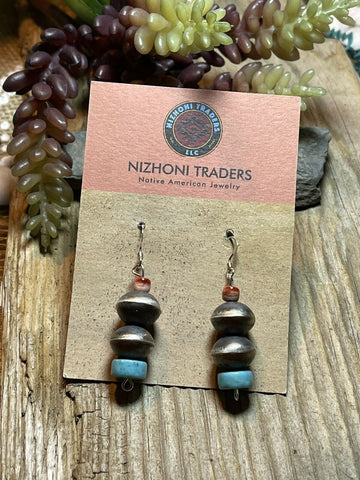 Navajo Pearl Sterling Silver Multi Stone Bead Dangle Earrings