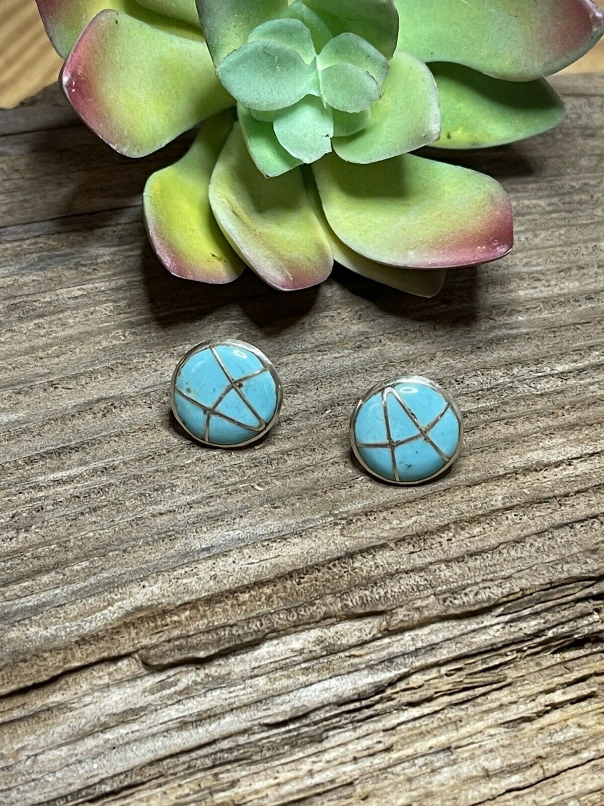 Navajo Sterling Silver & Turquoise Inlay Circle Post Earrings Signed K