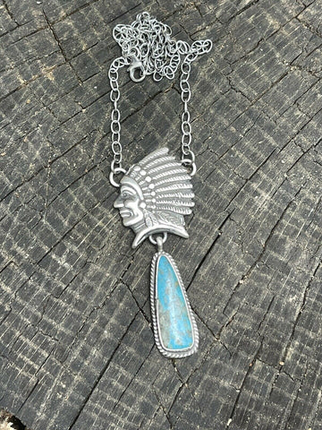 Navajo Sterling Silver Indian Chief Royston Turquoise Drop Necklace