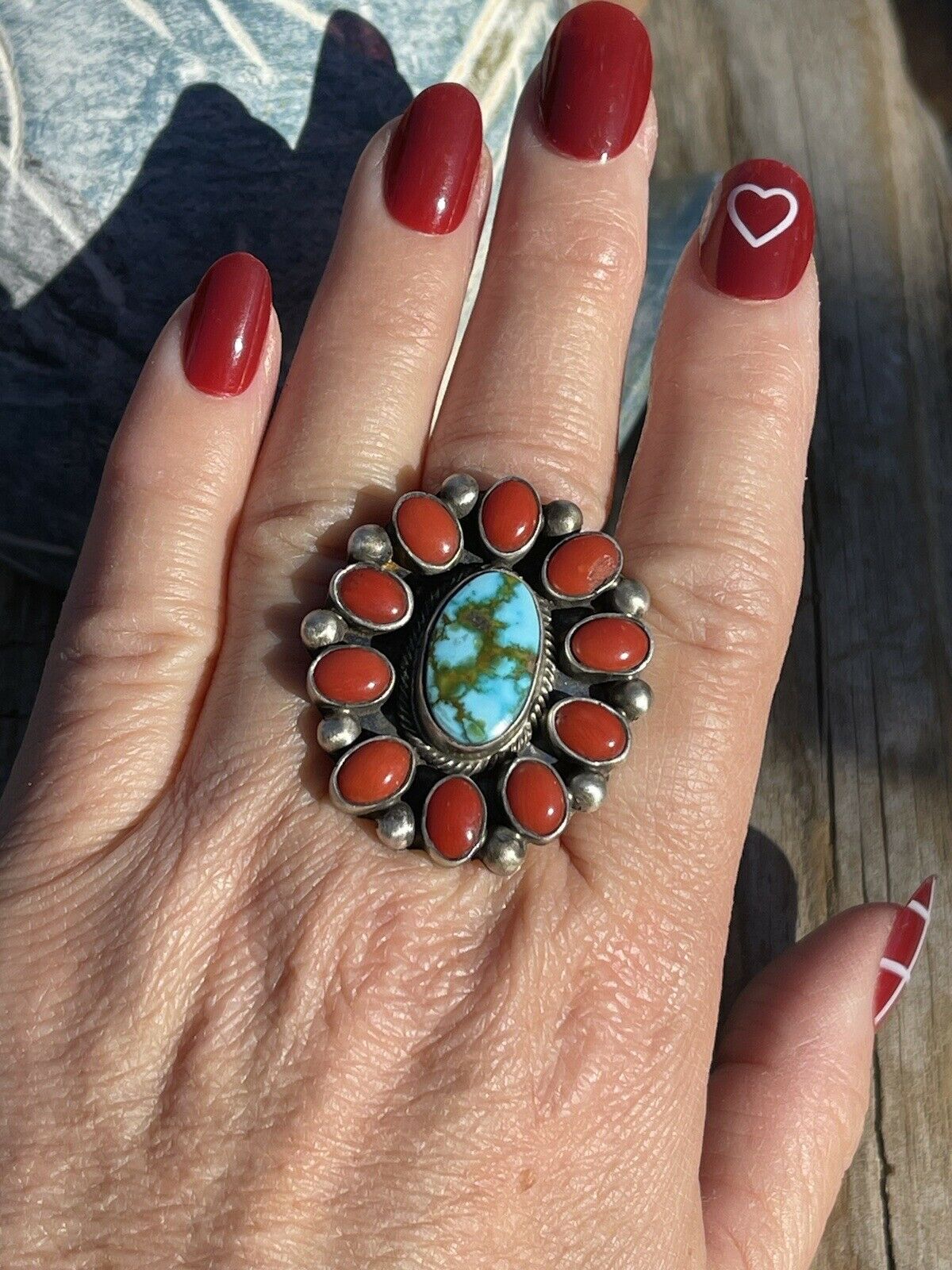 Navajo Sterling Silver Kingman Web Turquoise & Red Coral Taos Ring Sz 7