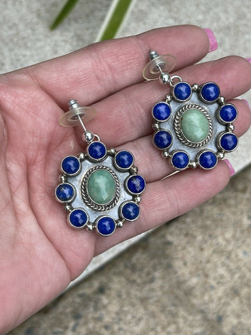 Navajo Sterling Silver Lapis & Turquoise Stone Cluster Dangle Earrings B. Lee