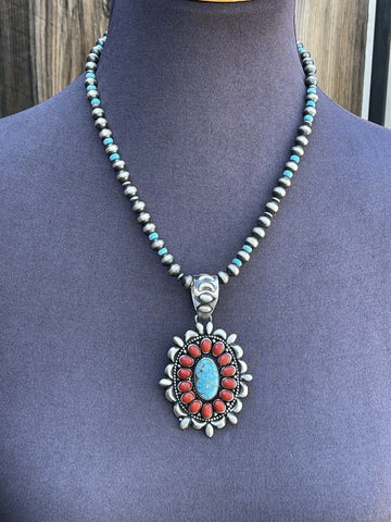 Navajo Sterling Kingman Web Turquoise & Red Coral Taos Ornate Pendant D. Clark