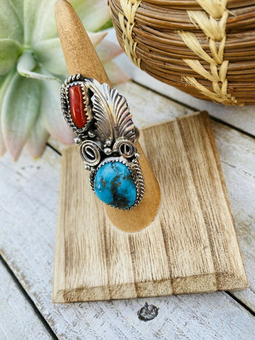 Navajo Turquoise, Coral & Sterling Silver Ring Size 5.5