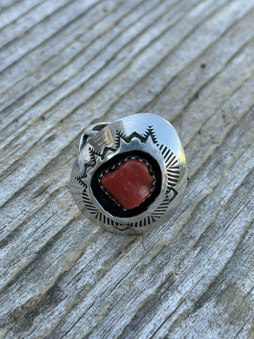 Navajo Sterling Silver Natural Red Coral Shadow Box Ring Sz 8