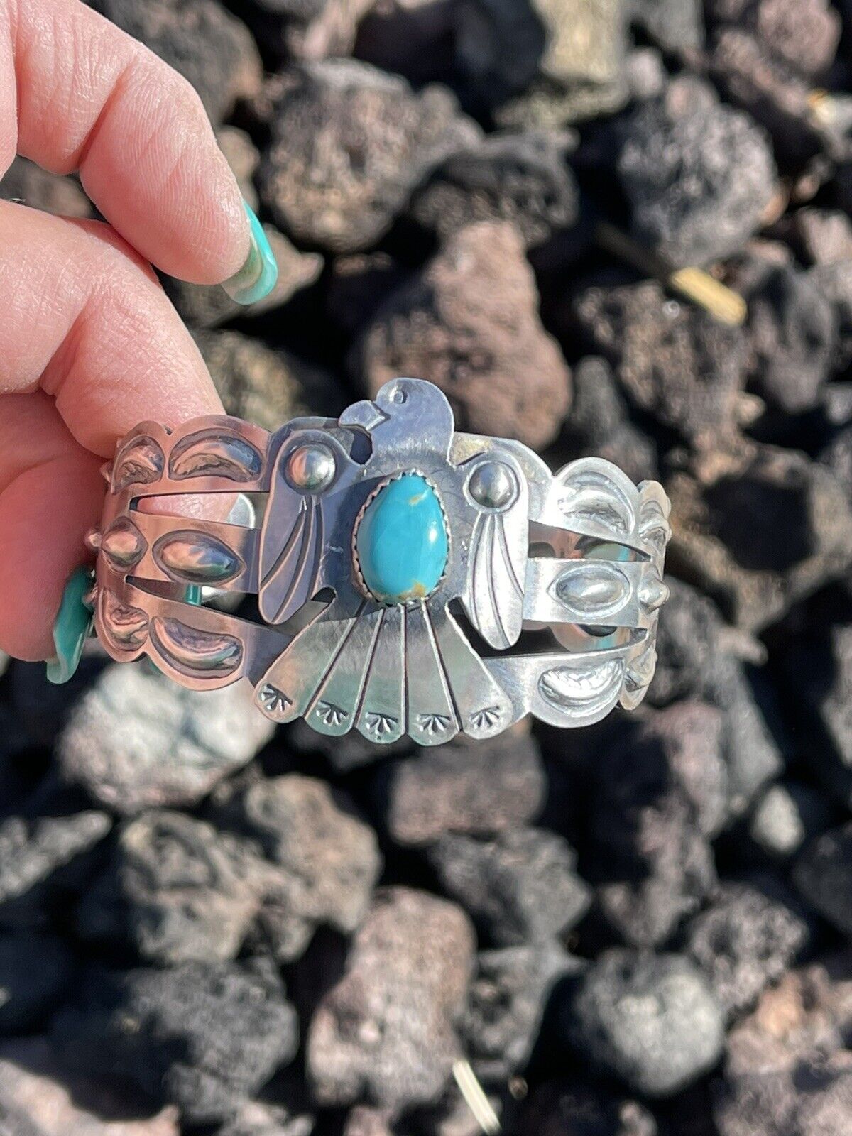 Sterling Silver Navajo Stamped Turquoise Thunderbird Cuff