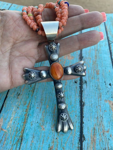 Navajo Sterling Silver & Orange Spiny Shell  Cross Pendant Chimney Butte