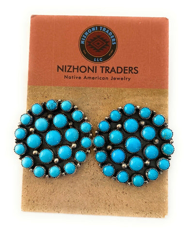 Navajo Sleeping Beauty Turquoise & Sterling Silver Cluster Stud Earrings Signed