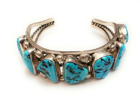 Navajo Old Pawn Vintage Kingman Turquoise & Sterling Silver Cuff Bracelet