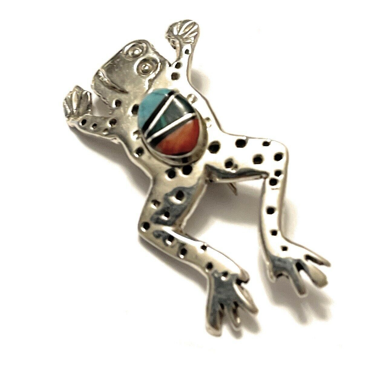 Navajo Sterling Silver Multi Stone Leap Frog Pendant Pin Signed