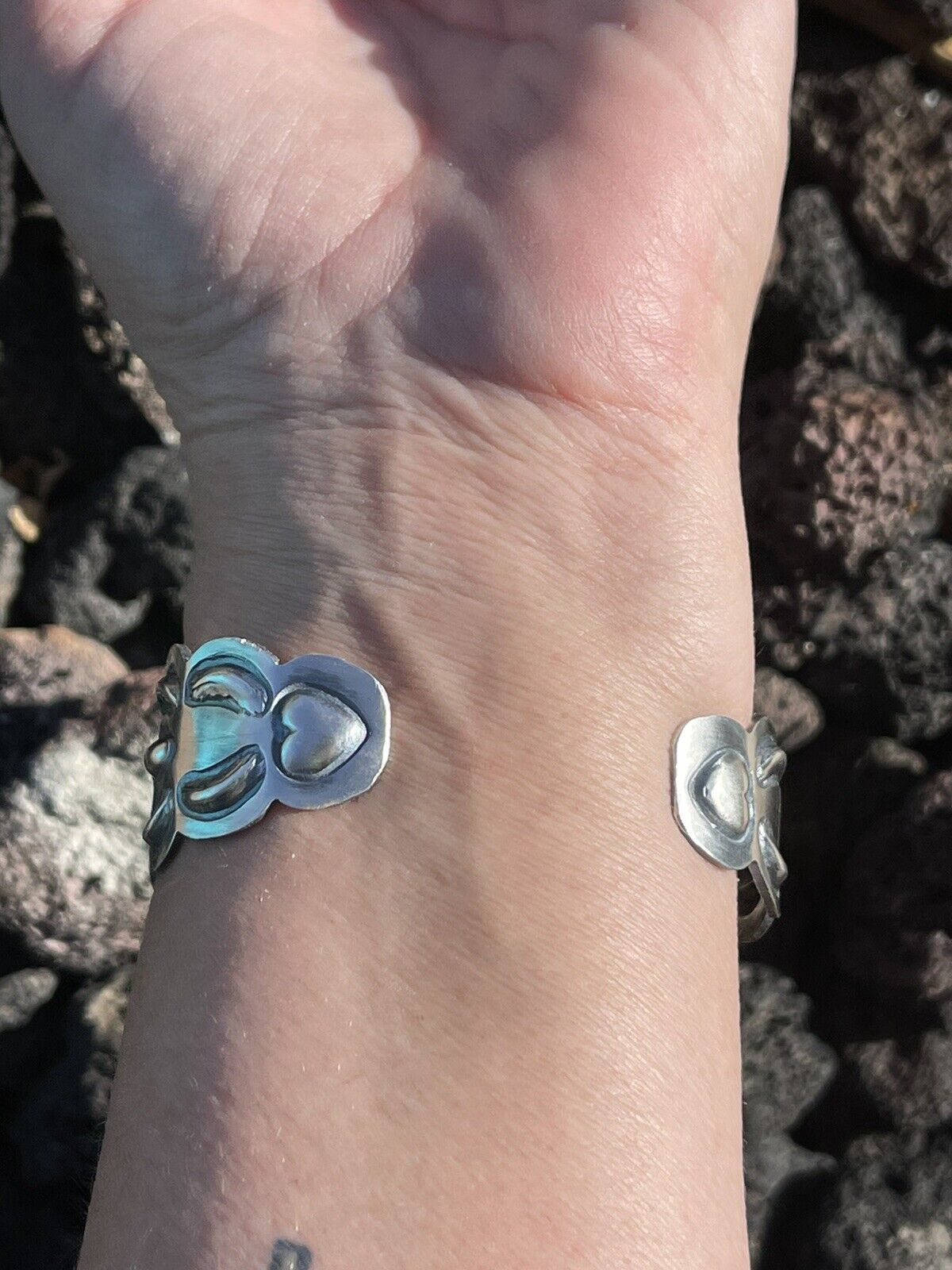 Sterling Silver Navajo Stamped Turquoise Thunderbird Cuff