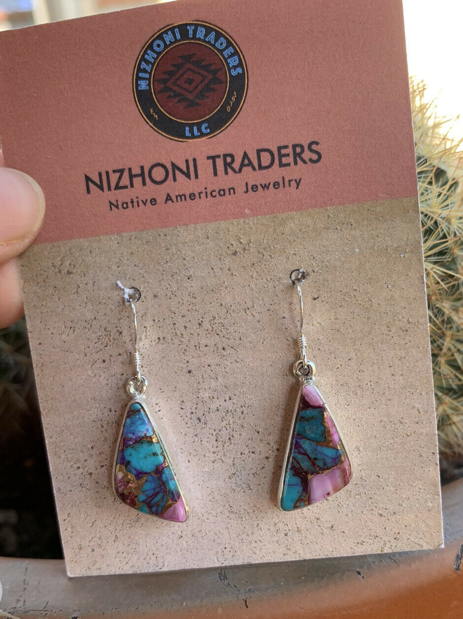 Navajo Pink Dream Mohave & Sterling Silver Geometric Dangle Earrings