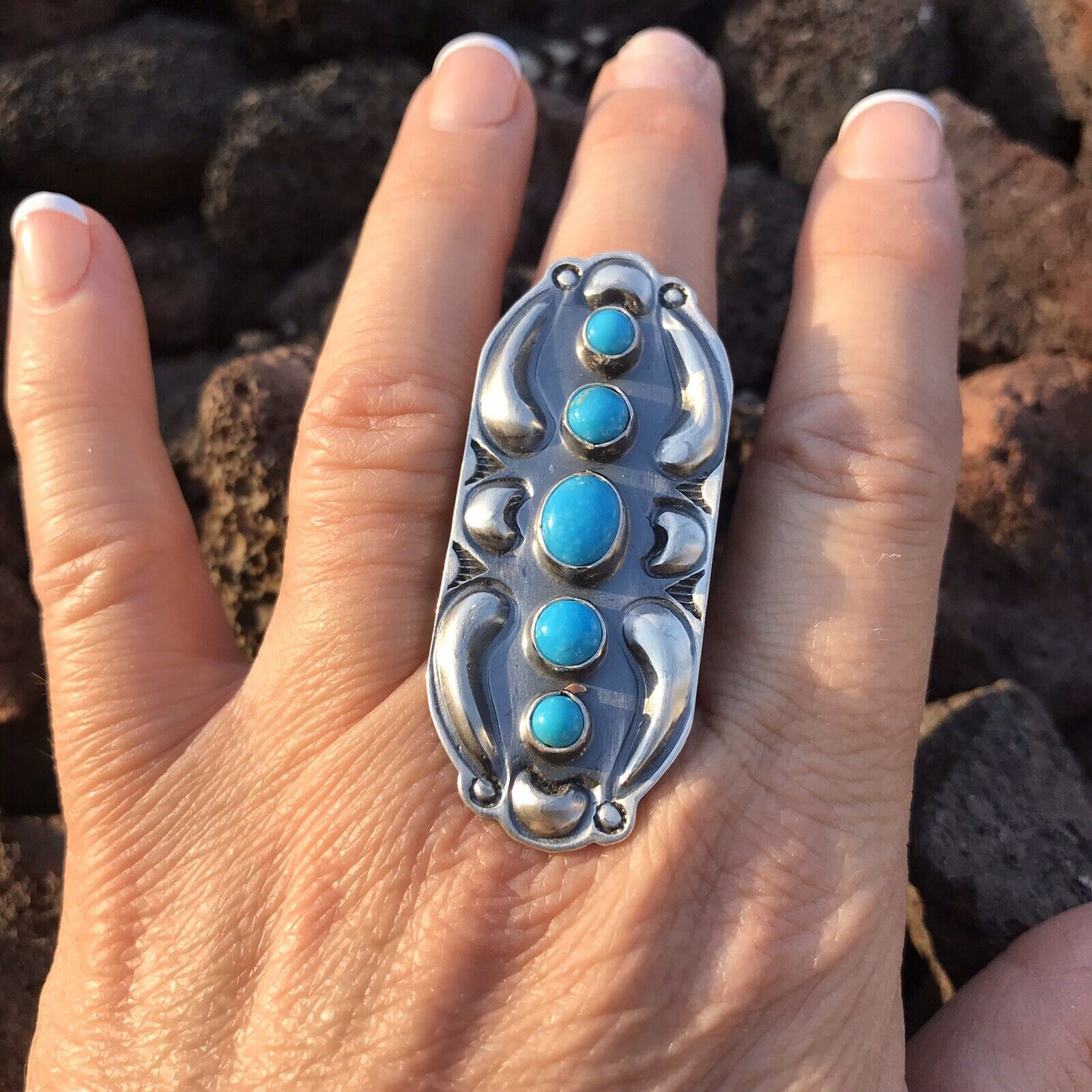 Navajo Sterling Silver  Turquoise 5 Stone Ring