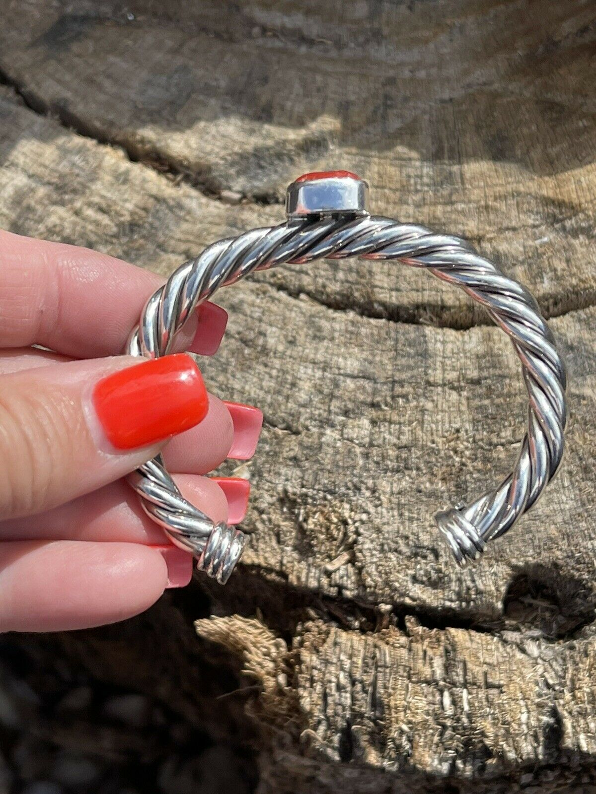 Sterling Silver Rope Twist Natural Red Coral Cuff Bracelet