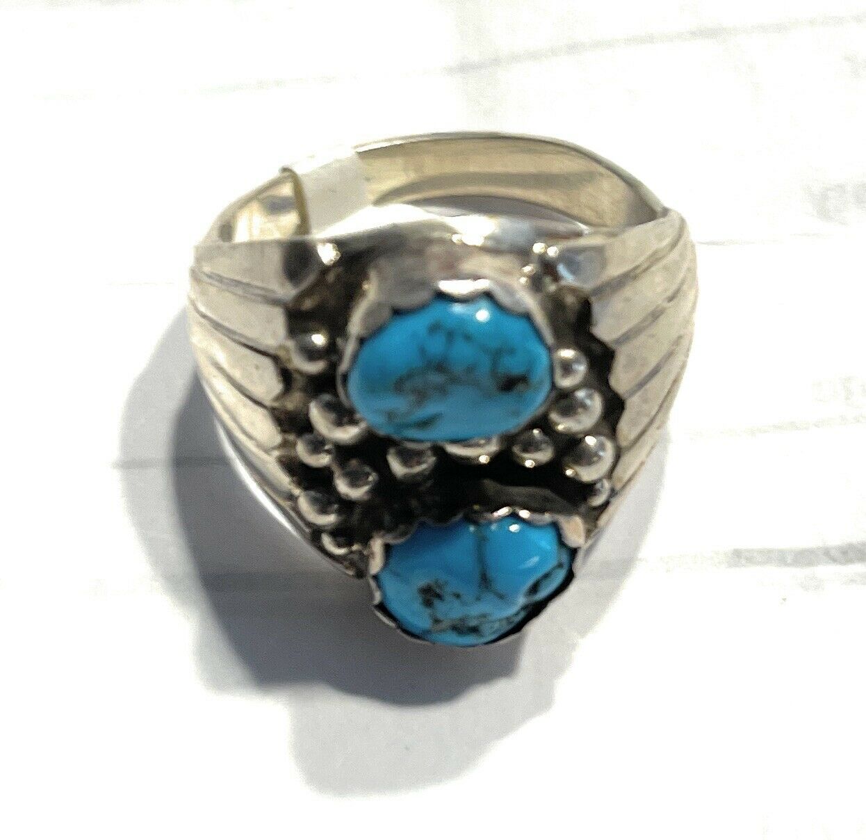 Navajo Sterling Silver & Kingman Turquoise 2 Stone Ring Size 13.5