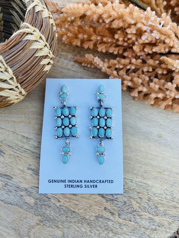 Navajo Turquoise & Sterling Silver Cluster Dangle Earrings Signed