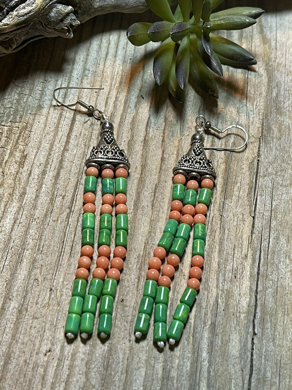 Navajo Sterling Dyed Green Kingman Turquoise and Pink Coral Bead Earrings