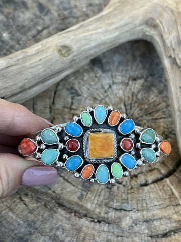 Navajo Multi Stone Sterling Silver Cluster Colorful Cuff Bracelet