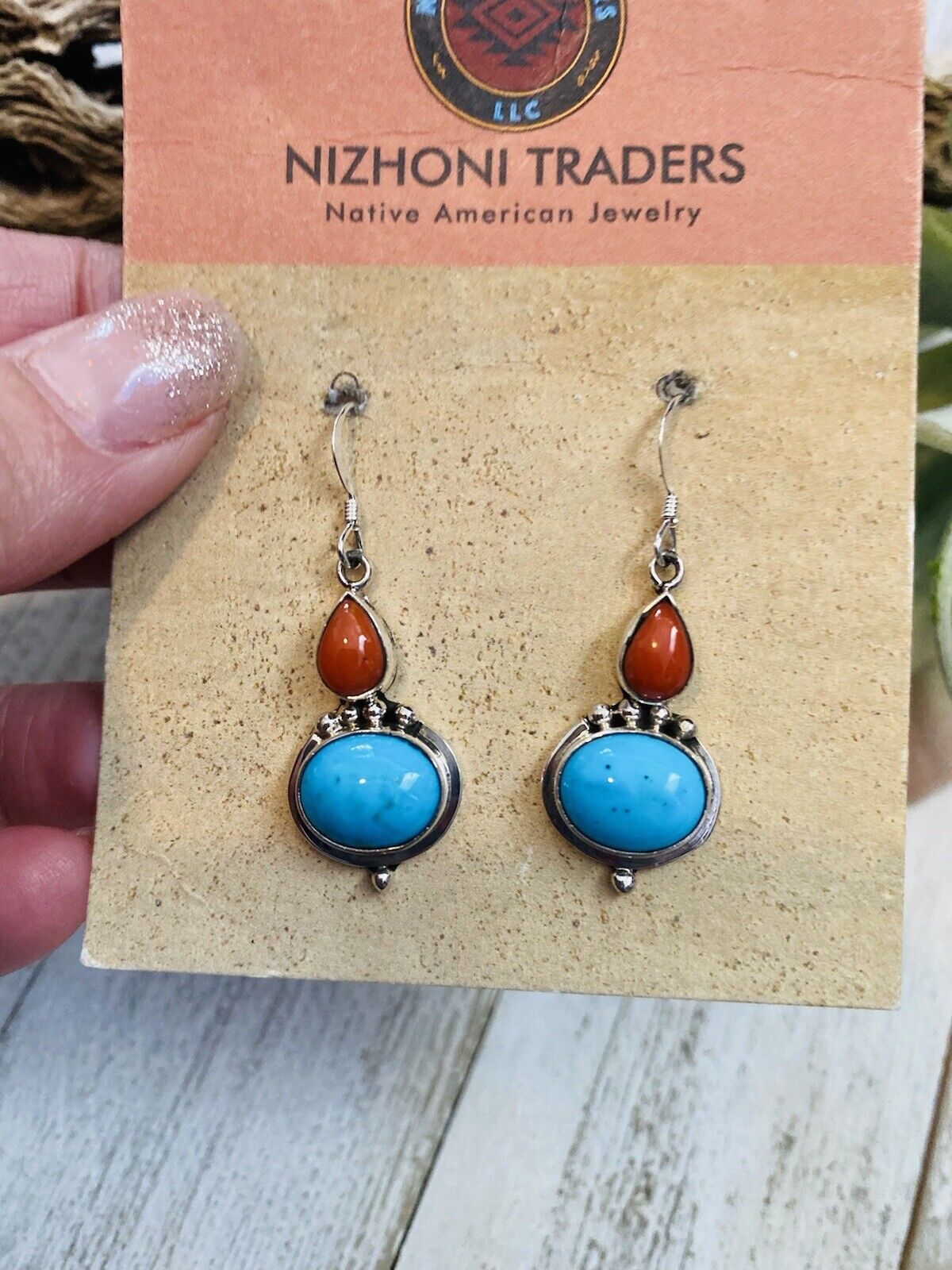 Navajo Turquoise, Coral & Sterling Silver Dangle Earrings