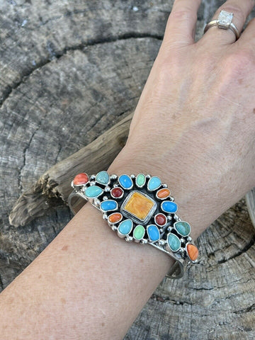 Navajo Multi Stone Sterling Silver Cluster Colorful Cuff Bracelet