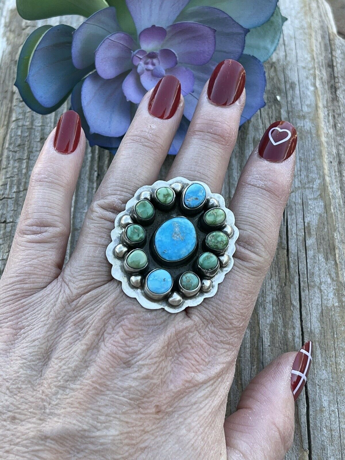 Navajo Sterling Sonoran Gold And Golden Hills Turquoise Cluster Ring Size 8.5