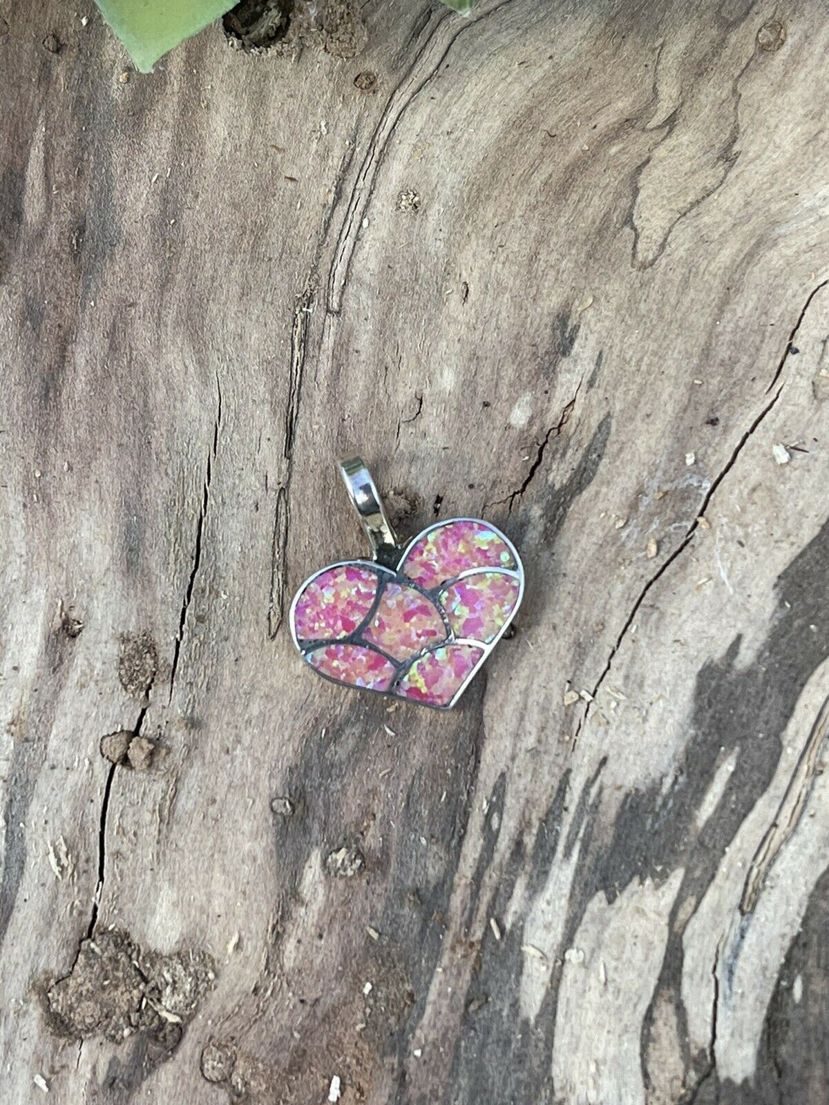 Zuni Iridescent Pink Opal & Sterling Silver Heart Pendant