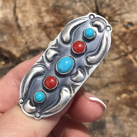 Navajo Sterling Silver Turquoise Coral 5 Stone Ring