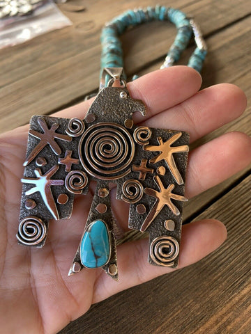 Sterling Silver & Royston Turquoise Navajo Thunderbird Pendant By Alex Sanchez