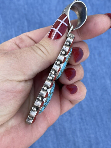 Navajo Sterling 2 Stone Kingman Web Turquoise & Red Coral Taos Pendant