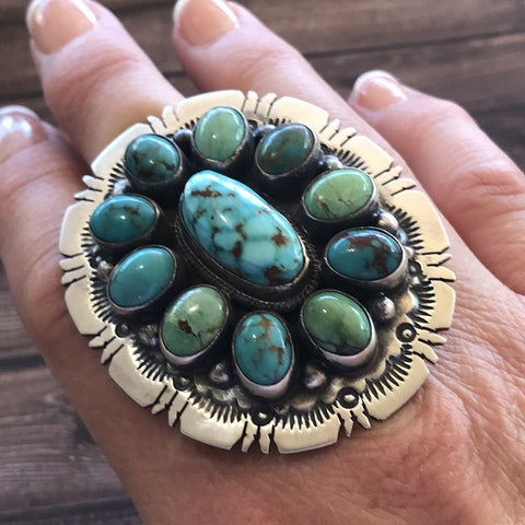 Navajo Cluster Multi Turquoise &  Sterling Silver Ring Size 6.5