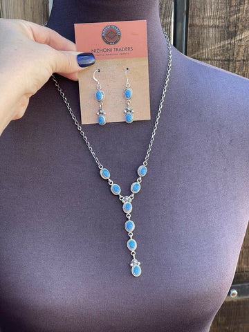 Navajo Sterling Silver &  Blue Iridescent Opal Lariat Necklace & Earring Set