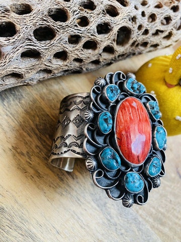 Navajo Turquoise, Orange Spiny & Sterling Silver Cuff Bracelet Signed